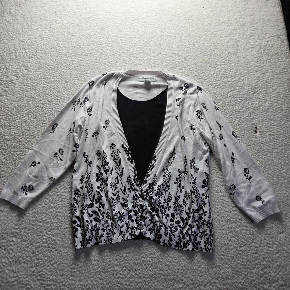 Cathy Daniels Cardigan Sweater Womens Large White V Neck 3/4 Sleeve Floral Knit